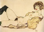 Schiele, Egon - Lying nude with green stockings