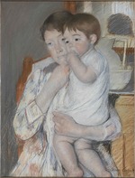 Cassatt, Mary - Femme et enfant devant une tablette où sont posés un broc et une cuvette
