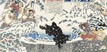 Kuniyoshi, Utagawa (Ichiyusai) - Kamei Rokuro Shigekiyo fighting a black bear in the snow, watched by Yoshitsune and his retainers