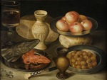 Flegel, Georg - Still life with Siegburg stoneware jug, glass, knife, two loaves, three pewter plates with hazelnuts, seafood and apples