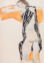 Schiele, Egon - Reclining Nude Girl in Striped Smock