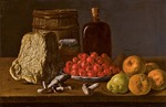 Meléndez, Luis Egidio - Still life with a plate of azaroles, fruit, mushrooms, cheese and receptacles