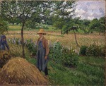 Pissarro, Camille - Gardener standing by a haystack, overcast sky, Eragny