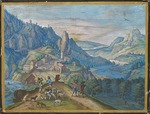 Besserer, Johann Jacob - Mountain landscape at nightfall with river valley and figures