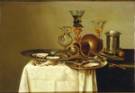 Heda, Willem Claesz - Still life with a roemer on a gilt stand, stoneware and oysters