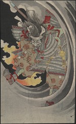 Yoshitoshi, Tsukioka - The ghost of the general Taira no Tomomori crashing through waves at Nunobiki Waterfall