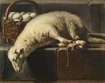 Recco, Giovan Battista - A ligated lamb besides a basket of eggs (Allegory of Easter)