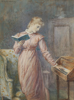 Hughes, Arthur Foord - A lady reading while playing the spinet