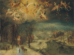 Rottenhammer, Johann (Hans), the Elder - A winter landscape with villagers gathering wood and skaters on a frozen river, putti scattering flowers above