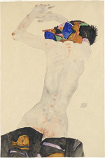 Schiele, Egon - Rückenakt mit buntem Tuch (Nude from the back with a colored cloth)