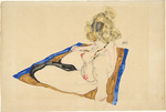 Schiele, Egon - Blonde nude seated on a brown rug with a blue border 