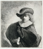 Rembrandt van Rhijn - Self-portrait in a soft hat and embroidered cloak