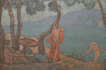Auburtin, Jean Francis - Porquerolles, l'Alycastre. Young women with a parasol under the pines
