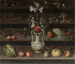 Josefa de Óbidos (Josefa de Ayala) - Lilies and other flowers in a majolica vase, with peaches, grapes, cherries and other fruit around, on stone steps