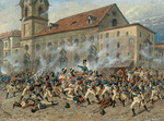 Braun, Louis - Colonel Karl Freiherr von Ditfurth (1774-1809) fighting the Tyroleans in front of the Spitalskirche in Innsbruck, April 12, 1809