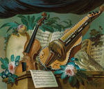 Jager, Gerke Jans de - Allegory of music with a violin, a hurdy-gurdy, a framedrum, sheets of music, flowers and fruit on a stone plinth