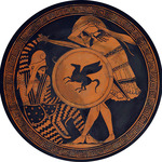 Ancient pottery, Attican Art - Greek hoplite fighting a Persian (Terracotta red-figure kylix) 