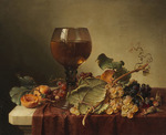 Preyer, Johann Wilhelm - Still life with a self-portrait in a wine glass and fruit