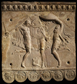 Classical Antiquities - Corybantian dance. Terracotta Campana relief: three Curetes with swords and shields, protecting the infant Zeus