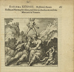 Merian, Matthäus, the Elder - Emblem 38. The Rebis, like a Hermaphrodite, is born from two mountains, of Mercury and of Venus. From Atalanta fugiens by Mich
