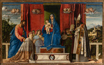 Bellini, Giovanni - Enthroned Madonna and Child with Angel Musicians and Saint Mark, Saint Augustine and Doge Agostino Barbarigo