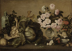 Strozzi, Bernardo - Still life with courgettes, grapes, parsley, cabbage, vase of peonies and fruit