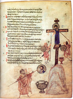 Byzantine Master - The Chludov Psalter. John VII, iconoclast Patriarch of Constantinople, erasing an image of Christ