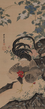 Jakuchu, Ito - Pair of rooster and hen next to a rock