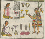 Sahagún, Bernardino de - Merchants (Pochtecas) and their wares in Tzinacantlan. From the Codex Florentinus