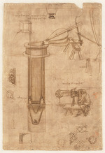 Leonardo da Vinci - Codex Atlanticus, folio 5 recto: a hydraulic pump and a prospectographer 