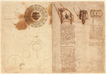 Leonardo da Vinci - Codex Atlanticus, folio 1 recto: a circular mechanism for the rotation of a row of sixteen cannons; a podometer 