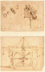 Leonardo da Vinci - Codex Atlanticus, folio 159 recto: parts of a needle-making machine;  a stone-throwing machine