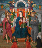 Gozzoli, Benozzo - Pala Rigoli. Madonna and the Child enthroned between Saint John the Baptist, Saint Francis, angels and donor