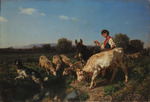 Palizzi, Filippo - At the watering place. Pastoral scene. Midday. Group of goats and children