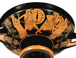 Douris - Kylix: Menelaus pursues Paris as Aphrodite and Artemis watch on
