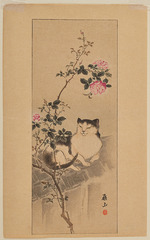 Yokoyama, Kazan - Cat on a roof underneath a rose bush