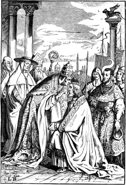 Richter Adrian Ludwig - Friedrich I. Barbarossa und Papst Alexander III. in Venedig (Illustration aus der Geschichte des deutschen Volkes von E. Duller)
