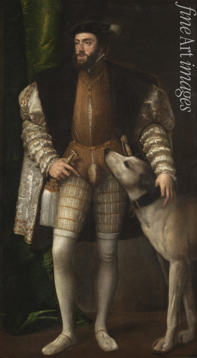 Tizian - Porträt Kaiser Karl V., König von Spanien (1500-1558) mit seinem Wasserhund