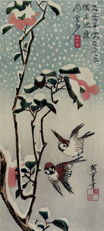 Hiroshige Utagawa - Sperlinge und Kamelien im Schnee