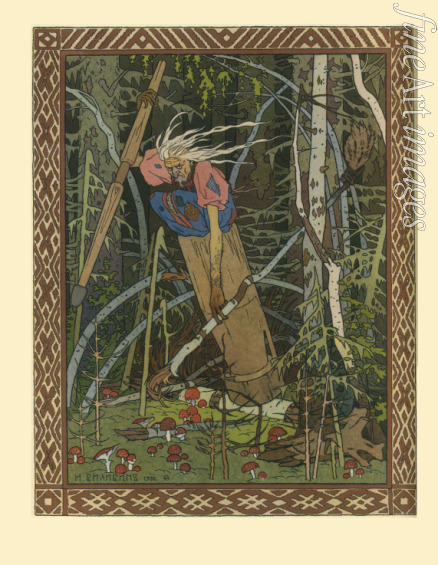 Bilibin Iwan Jakowlewitsch - Baba Jaga fliegt auf ihrem Mörser (Illustration für das Buch 