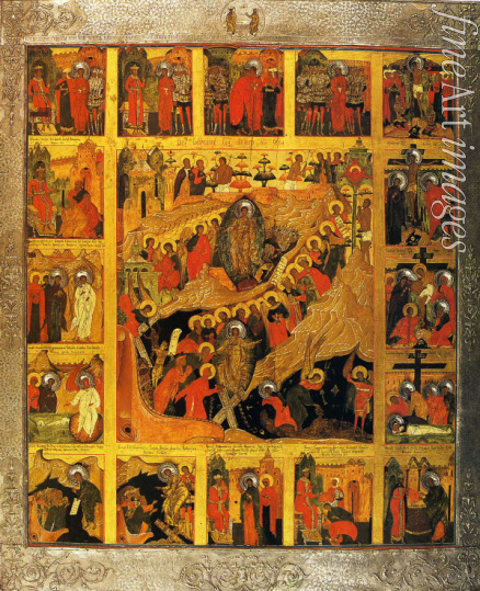 Russische Ikone - Höllenfahrt Christi mit Passionsszenen