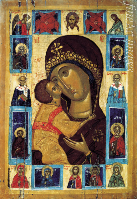 Russische Ikone - Gottesmutter der Rührung (Eleusa)  mit den erwählten Heiligen