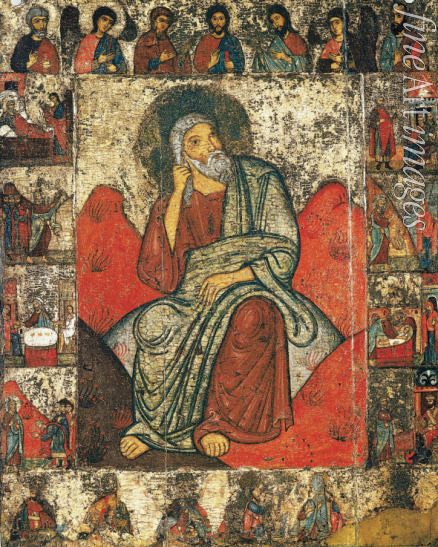 Russische Ikone - Elias der Prophet in der Wüste mit Vita und Deesis