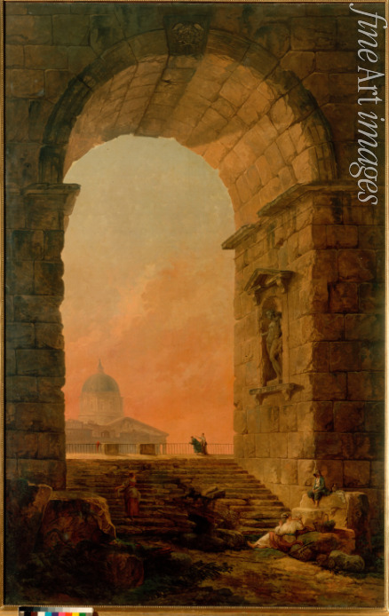 Robert Hubert - Landscape with an Arch and the St. Peter's Basilica in Rome