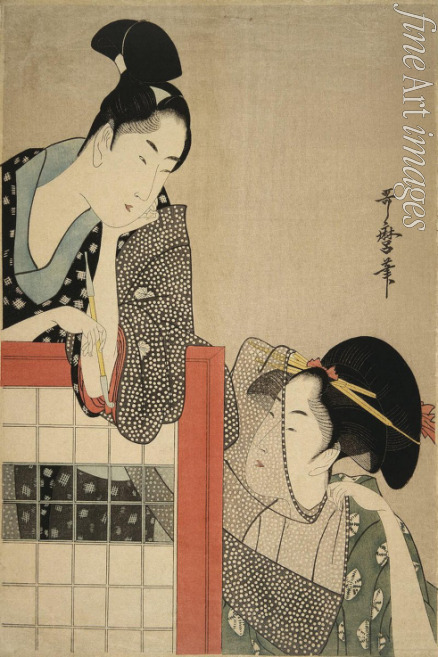 Utamaro Kitagawa - Frau und Mann neben einer Schirmwand