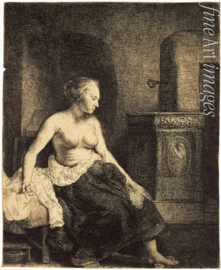 Rembrandt van Rhijn - Halbnackte Frau am Kamin