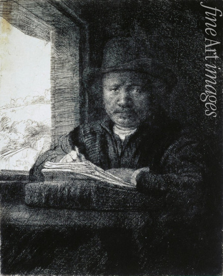 Rembrandt van Rhijn - Selbstbildnis zeichnend am Fenster
