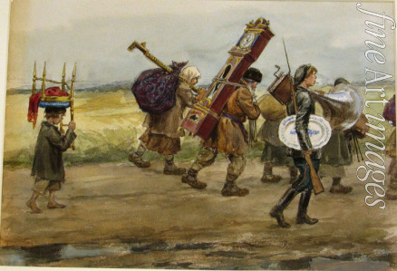 Vladimirov Ivan Alexeyevich - Peasants returning home after pillaging a country house of a rich landlord (from the series of watercolors Russian revolution)