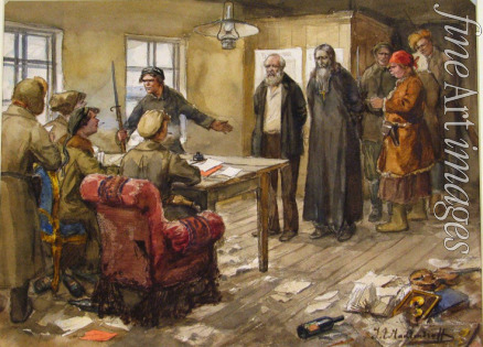 Vladimirov Ivan Alexeyevich - A landlord and a Priest condemned to death by a revolutionary tribunal (from the series of watercolors Russian revolution)