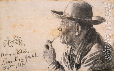 Menzel Adolph Friedrich von - Studie eines Mannes im Hut, mit Pfeife